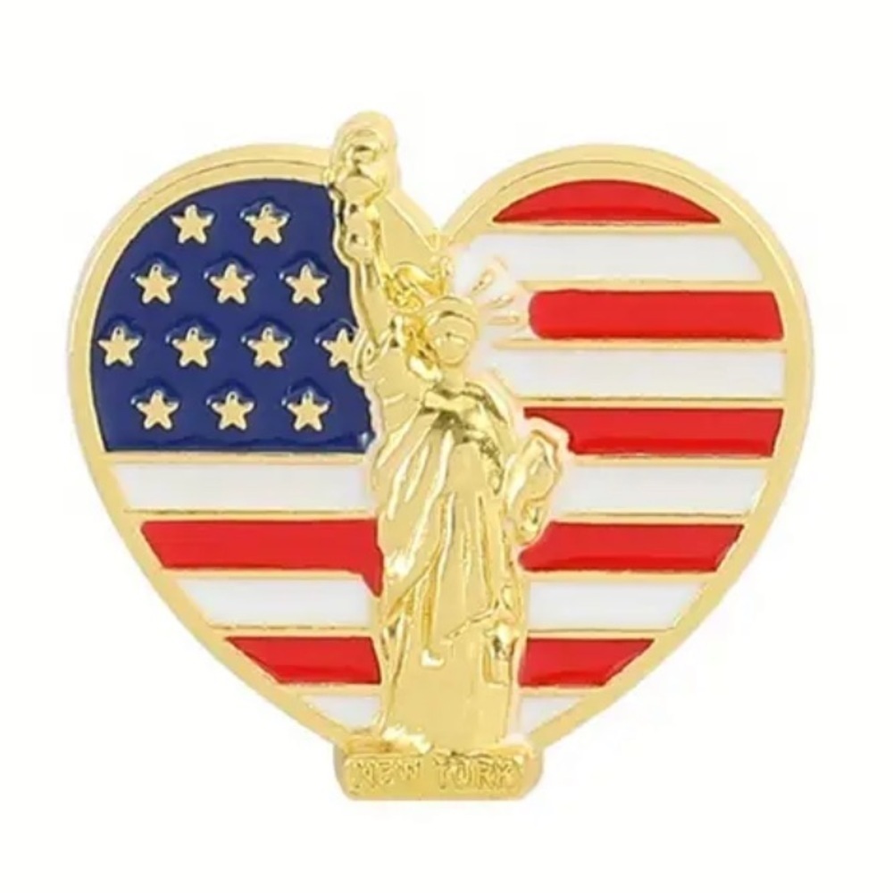 3/$25 Heart Shaped American Flag with Statue of Liberty Metal Enamel Unisex Pin
